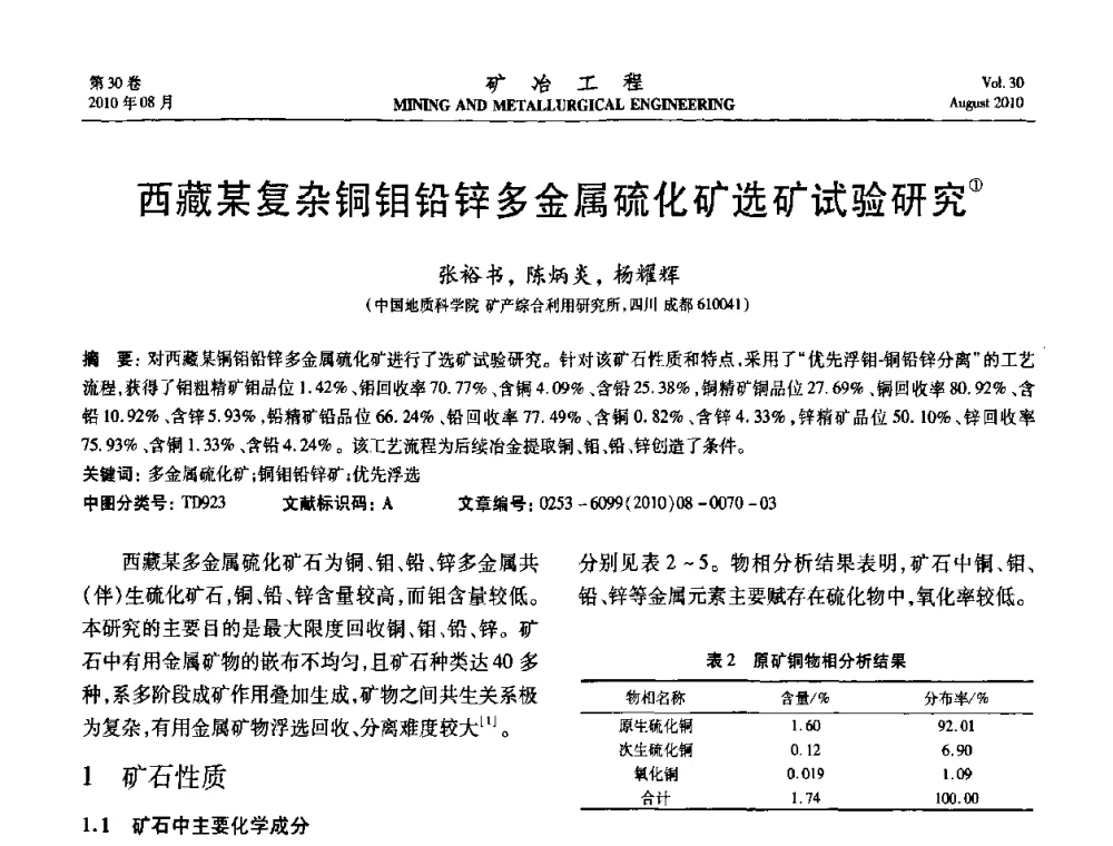 西藏某复杂铜钼铅锌多金属硫化矿选矿试验研究 - 第五届全国选矿年会