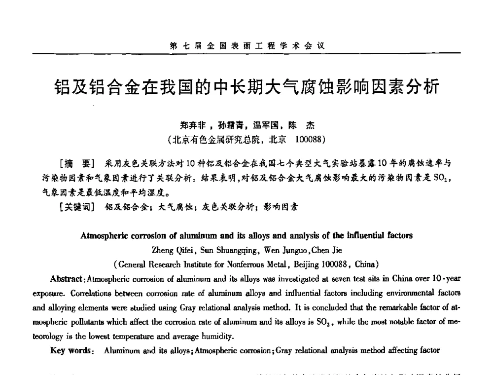 铝及铝合金在我国的中长期大气腐蚀影响因素分析 - 第7届全国表面工程学术会议暨第二届表面工程青年学术论坛