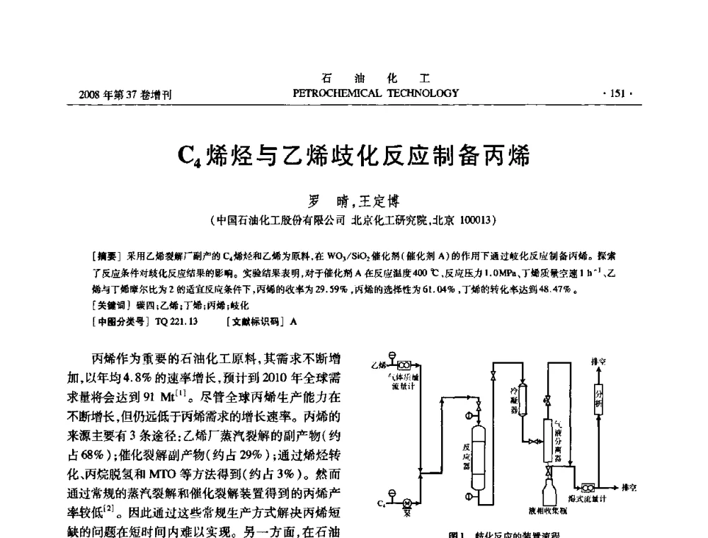 C4烯烃与乙烯歧化反应制备丙烯 - 中国化工学会2008年石油化工学术年会暨北京化工研究院建院50周年学术报告会