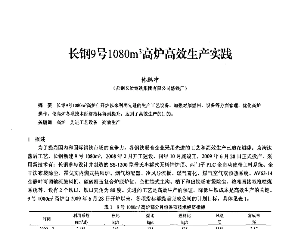 长钢9号1080m3高炉高效生产实践 - 2010中小高炉炼铁学术年会
