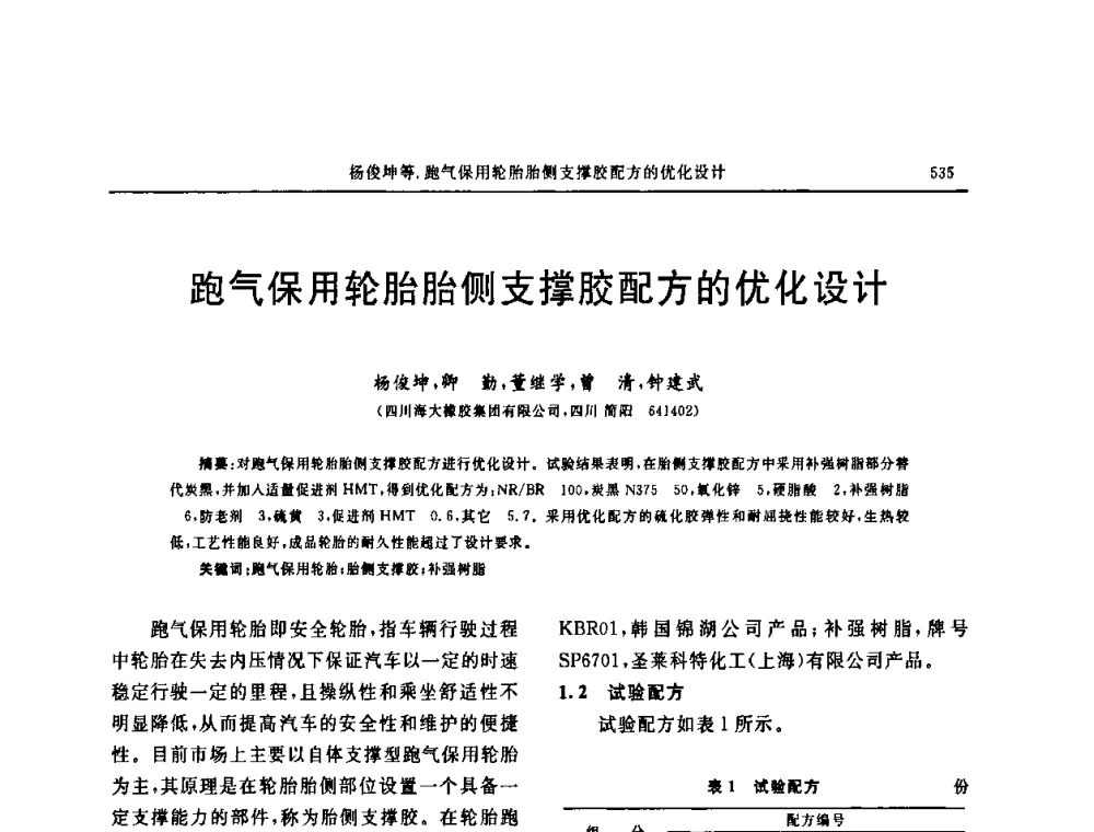 跑气保用轮胎胎侧支撑胶配方的优化设计 - “中国化工风神杯”第16届中国轮胎技术研讨会