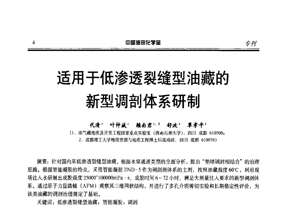 适用于低渗透裂缝型油藏的新型调剖体系研制 - 中国油气田钻采与水处理应用化学技术研讨会