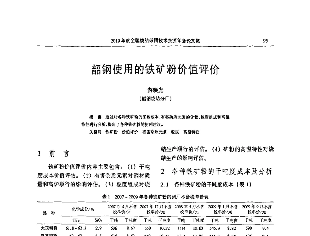 韶钢使用的铁矿粉价值评价 - 2010年度全国烧结球团技术交流年会