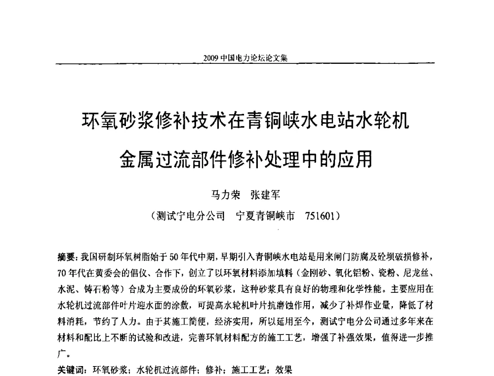环氧砂浆修补技术在青铜峡水电站水轮机金属过流部件修补处理中的应用 - 2009中国电力论坛