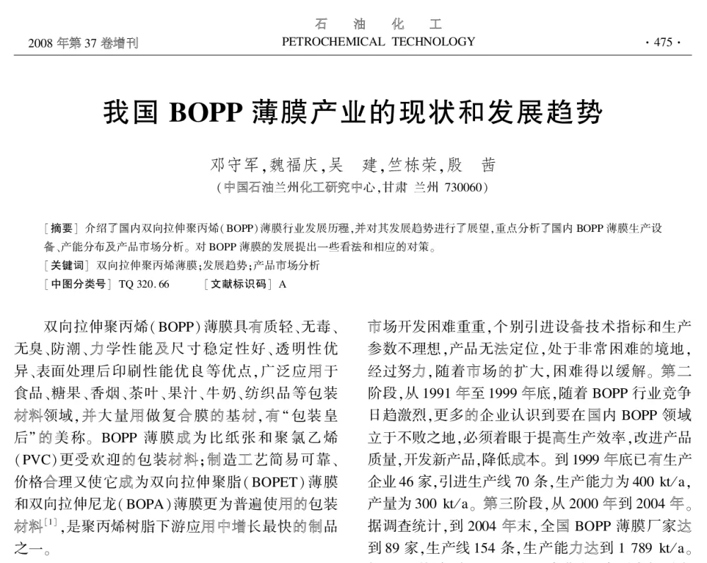 我国BOPP薄膜产业的现状和发展趋势 - 中国化工学会2008年学术年会