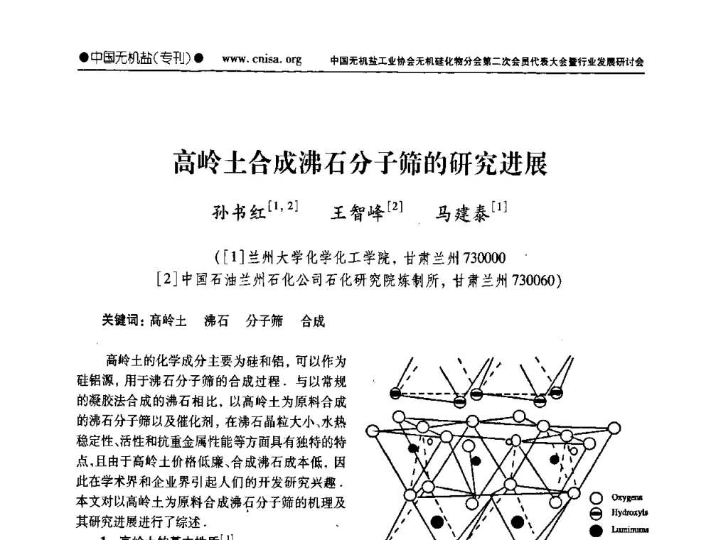 高岭土合成沸石分子筛的研究进展 - 中国无机盐工业协会无机硅化物分会第二次会员代表大会暨行业发展研讨会