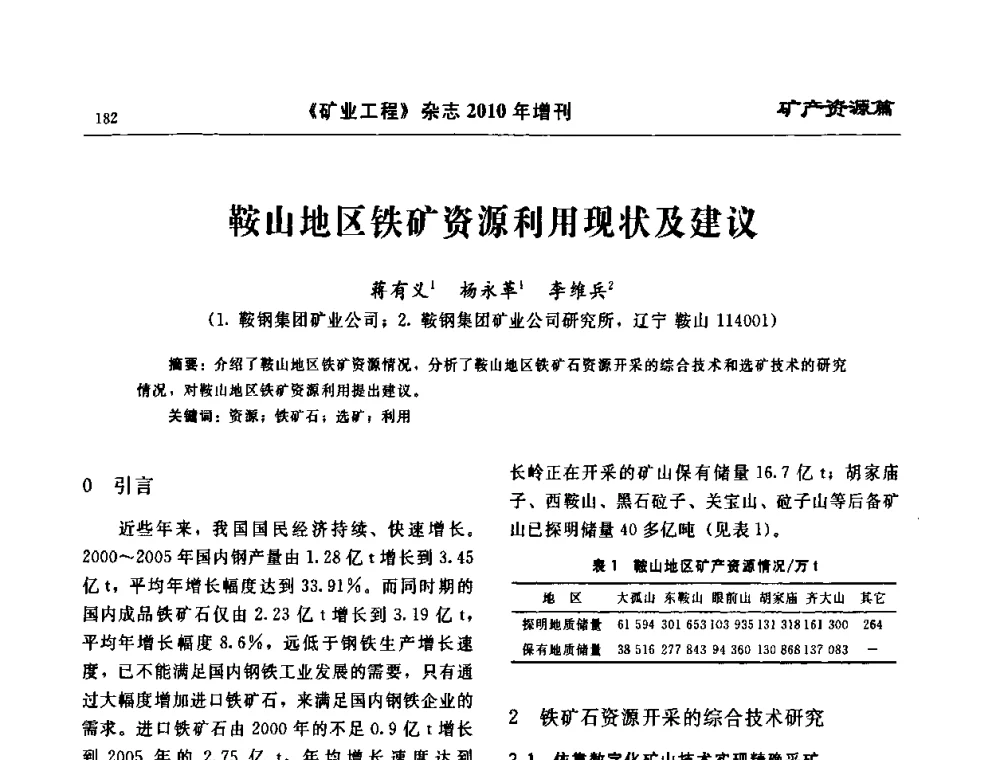 鞍山地区铁矿资源利用现状及建议 - 2010矿山企业节能减排与循环经济高峰论坛