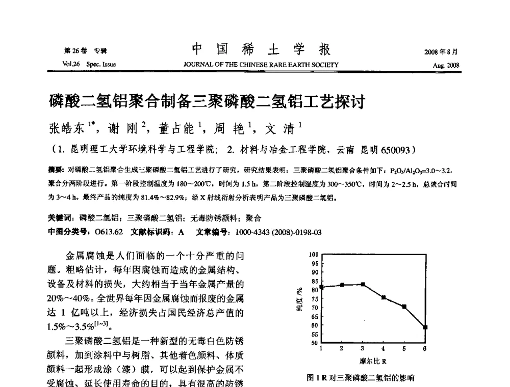 磷酸二氢铝聚合制备三聚磷酸二氢铝工艺探讨 - 2008年全国冶金物理化学学术会议