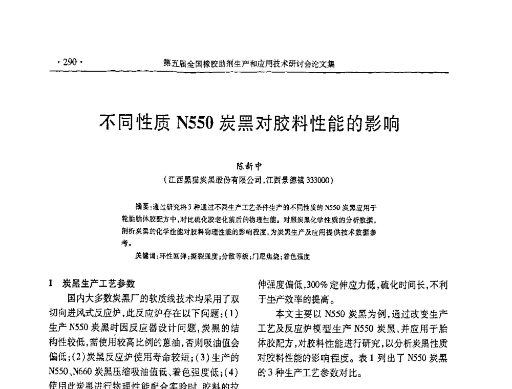 不同性质N550炭黑对胶料性能的影响 - 第五届全国橡胶助剂生产和应用技术研讨会