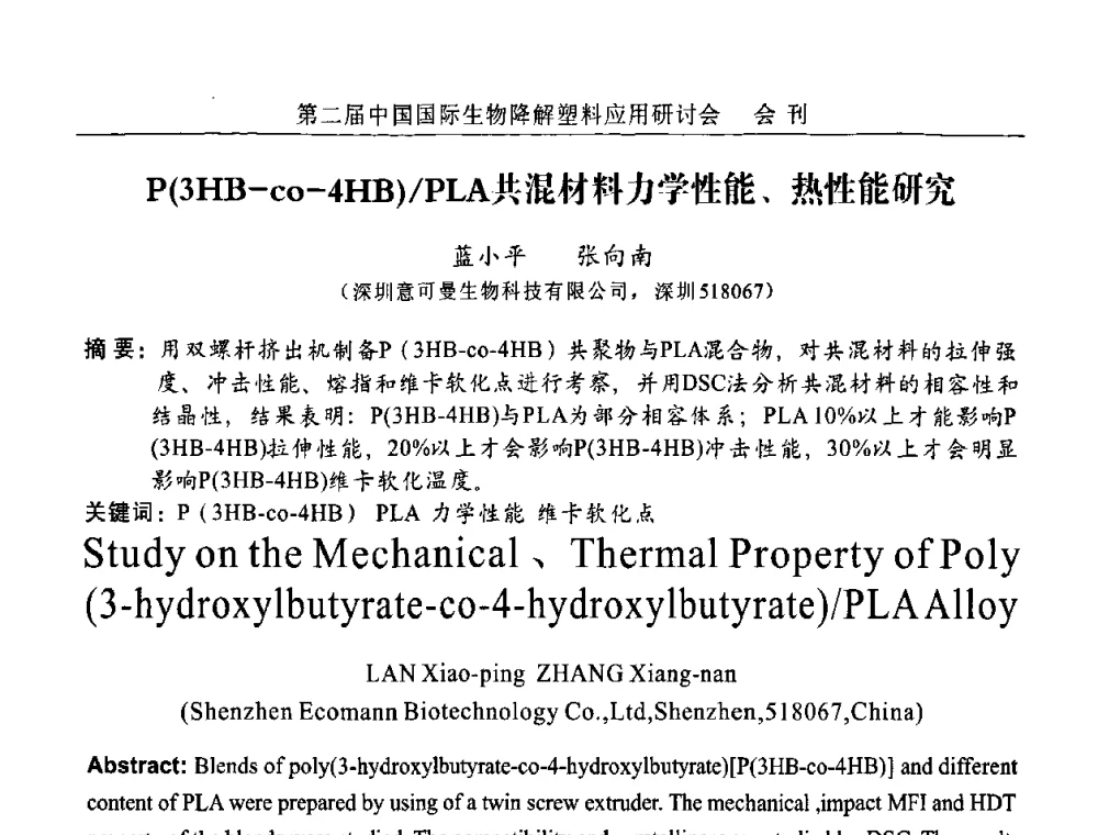 P(3HB—co-4HB)_PLA共混材料力学性能、热性能研究 - 第二届中国国际生物降解塑料应用研讨会