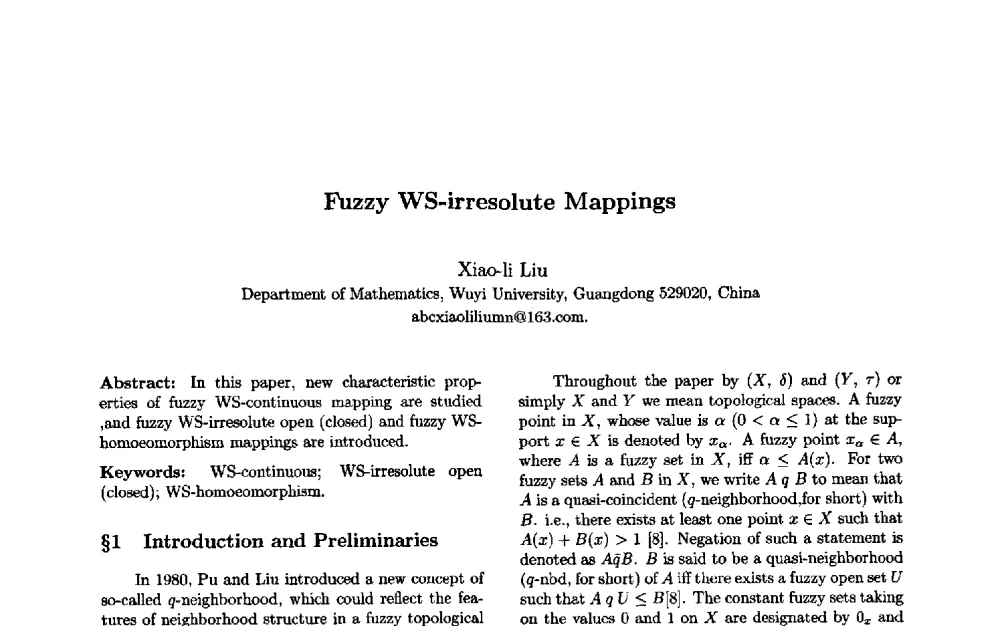 Fuzzy WS-irresolute Mappings - 第三届中国智能计算大会