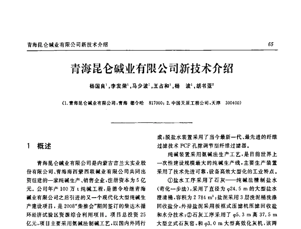 青海昆仑碱业有限公司新技术介绍 - 中国化工学会无机酸碱盐专业委员会第十四届纯碱学术年会