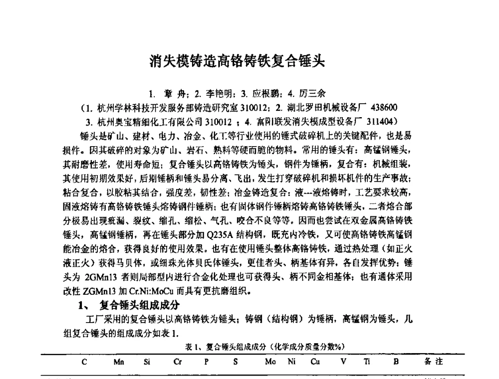 消失模铸造高铬铸铁复合锤头 - 第九届全国铸造学会消失模铸造学术年会暨首届全国V法铸造学术年会