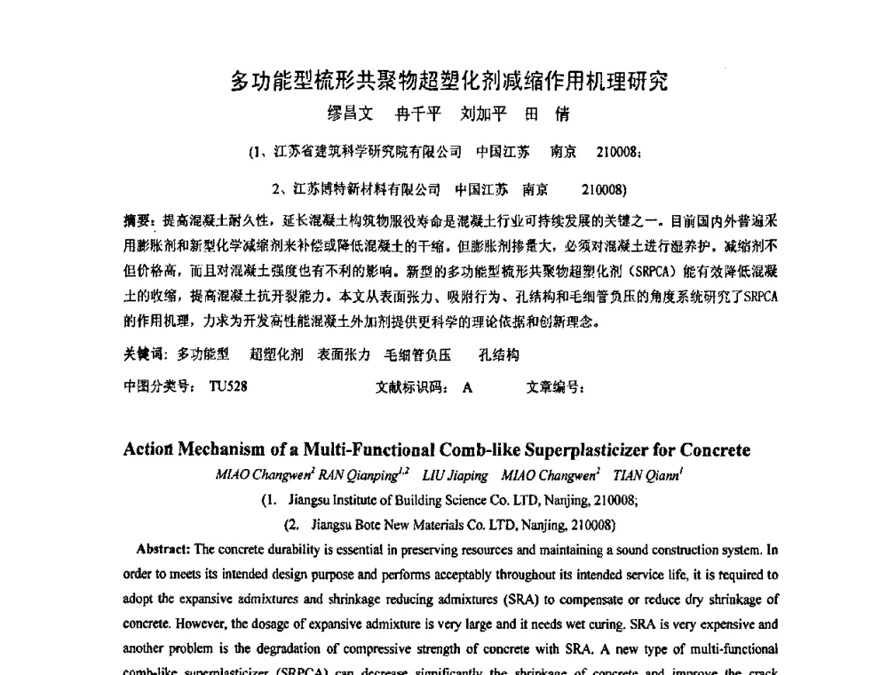 名功能型梳形共聚物超塑化剂减缩作用机理研究 - 南京市第八届青年学术年会——低碳经济与新材料产业发展高层论坛