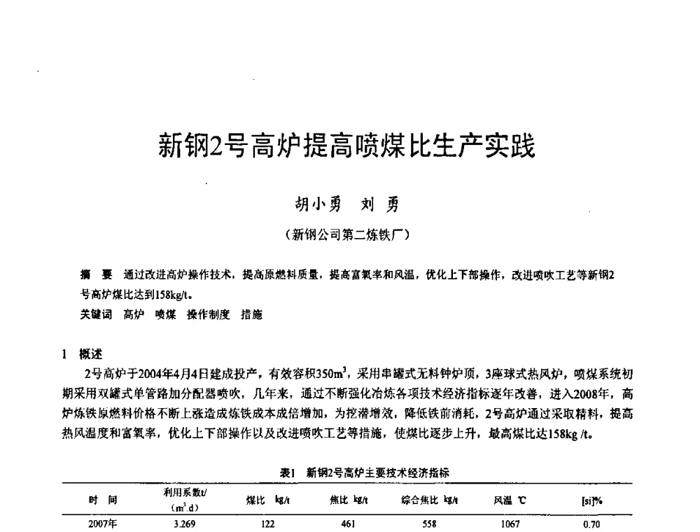 新钢2号高炉提高喷煤比生产实践 - 2009年中小高炉炼铁学术年会