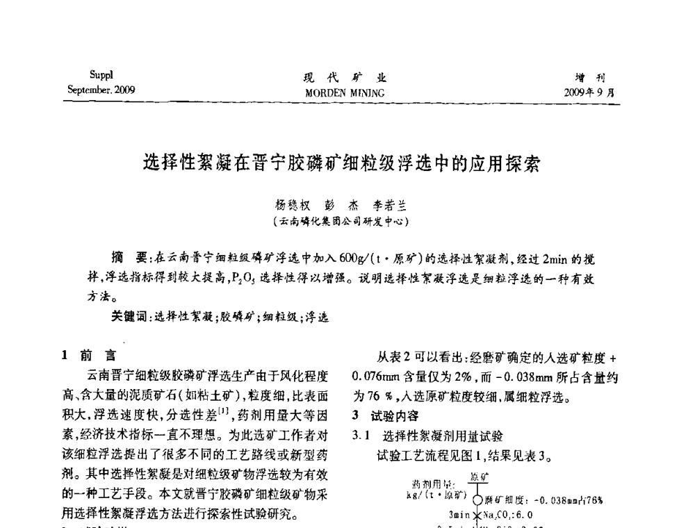 选择性絮凝在晋宁胶磷矿细粒级浮选中的应用探索 - 第九届中国选矿大会