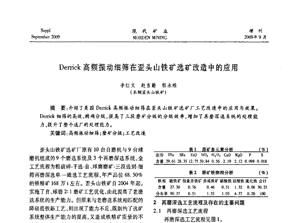 Derrick高频振动细筛在歪头山铁矿选矿改造中的应用 - 第九届中国选矿大会