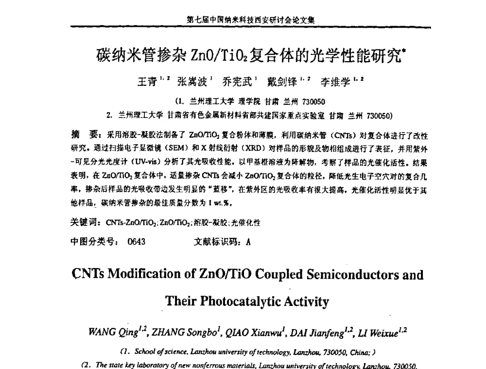 碳纳米管掺杂ZnO_TiO2复合体的光学性能研究 - 第七届中国纳米科技(西安)研讨会