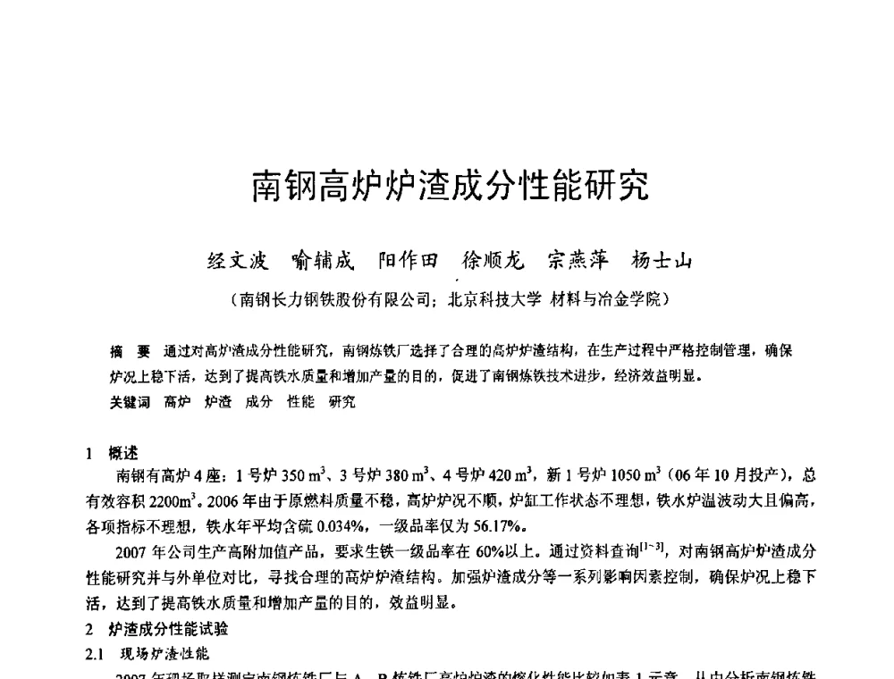 南钢高炉炉渣成分性能研究 - 2009年中小高炉炼铁学术年会