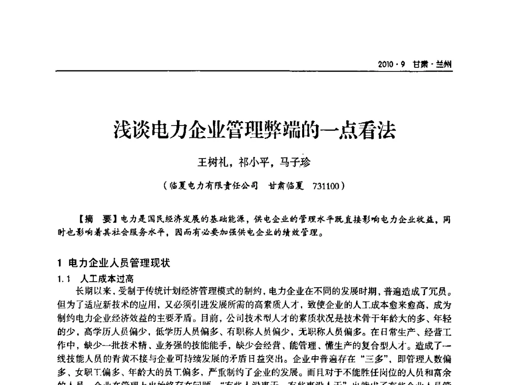 浅谈电力企业管理弊端的一点看法 - 甘肃省电机工程学会2010年学术年会