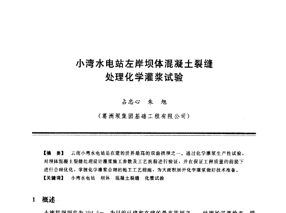 小湾水电站左岸坝体混凝土裂缝处理化学灌浆试验 - 第十三次全国化学灌浆学术交流会