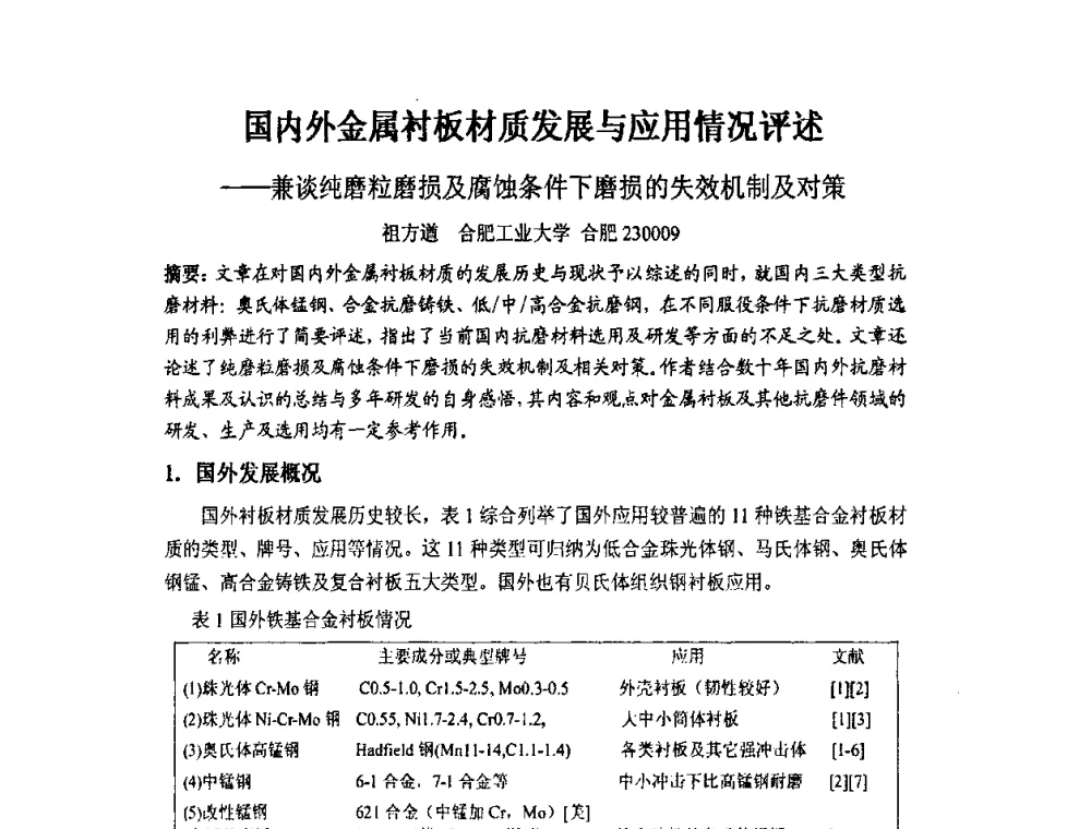 国内外金属衬板材质发展与应用情况评述——兼谈纯磨粒磨损及腐蚀条件下磨损的失效机制及对策 - 第四届安徽省铸造技术大会