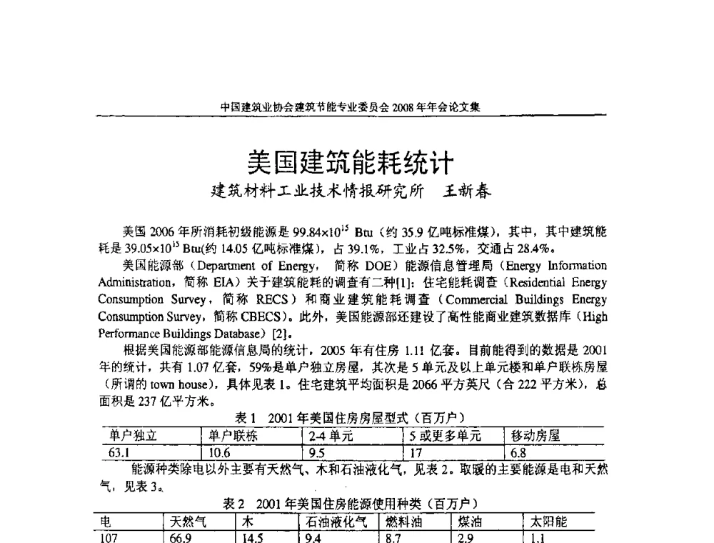 美国建筑能耗统计 - 中国建筑业协会建筑节能专业委员会2008年年会