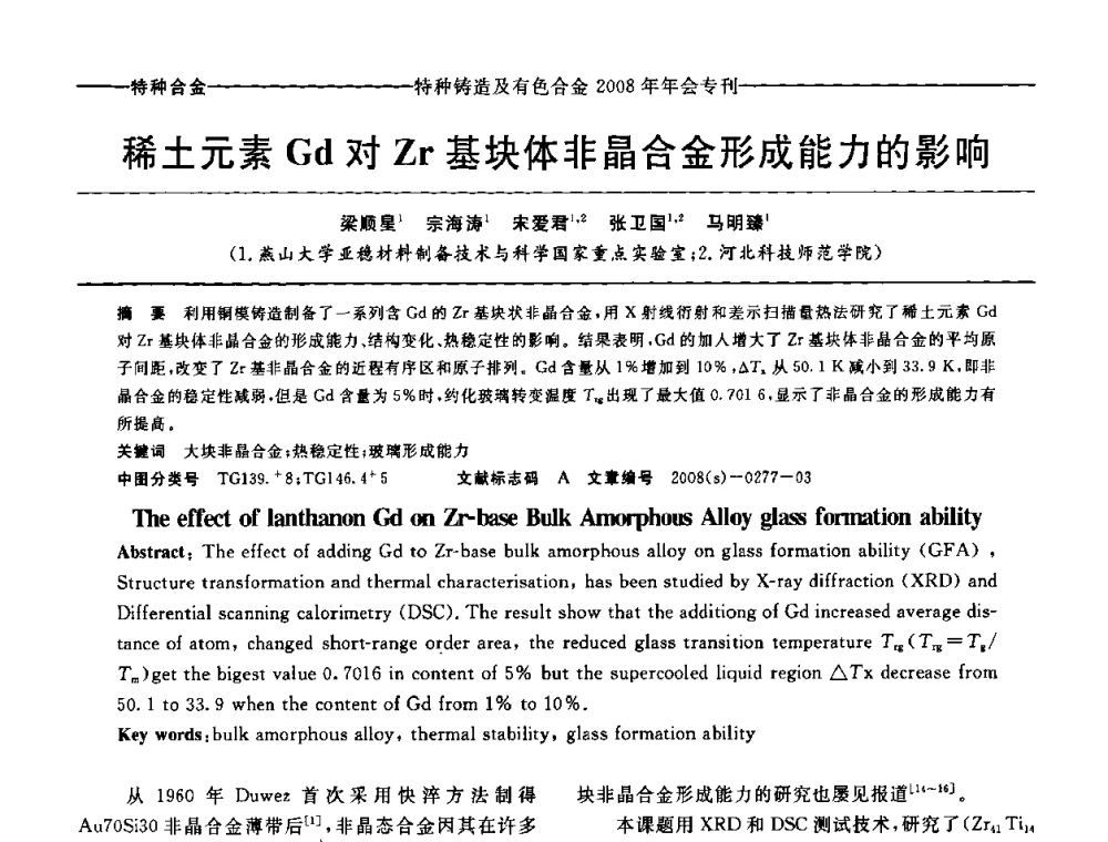 稀土元素Gd对Zr基块体非晶合金形成能力的影响 - 第十二届全国特种铸造及有色合金学术年会、第六届全国铸造复合材料学术年会暨2008年福建省铸造学术年会