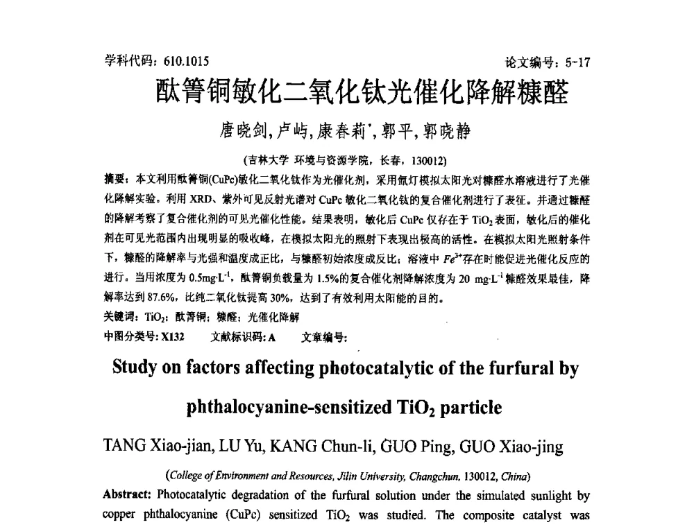 酞箐铜敏化二氧化钛光催化降解糠醛 - 2008年全国博士生学术论坛——能源与环境领域