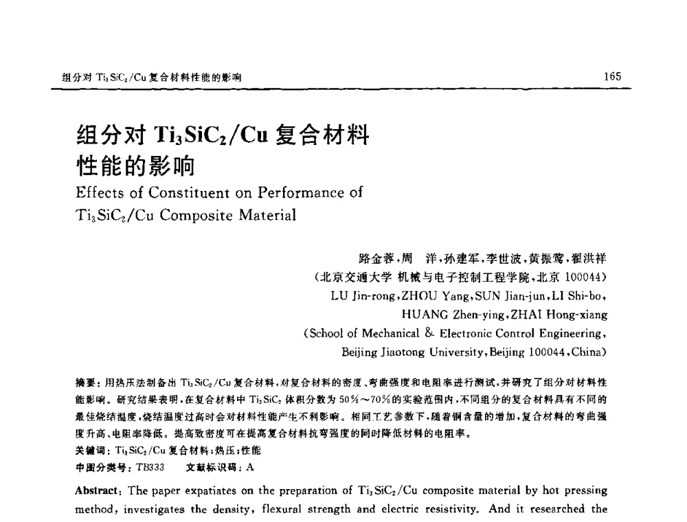 组分对Ti3SiC2_Cu复合材料性能的影响 - 第十六届全国高技术陶瓷学术年会暨景德镇高技术陶瓷高层论坛