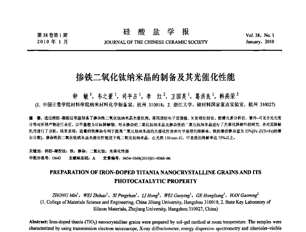 掺铁二氧化钛纳米晶的制备及其光催化性能 - 全国功能陶瓷薄膜和涂层材料研讨会