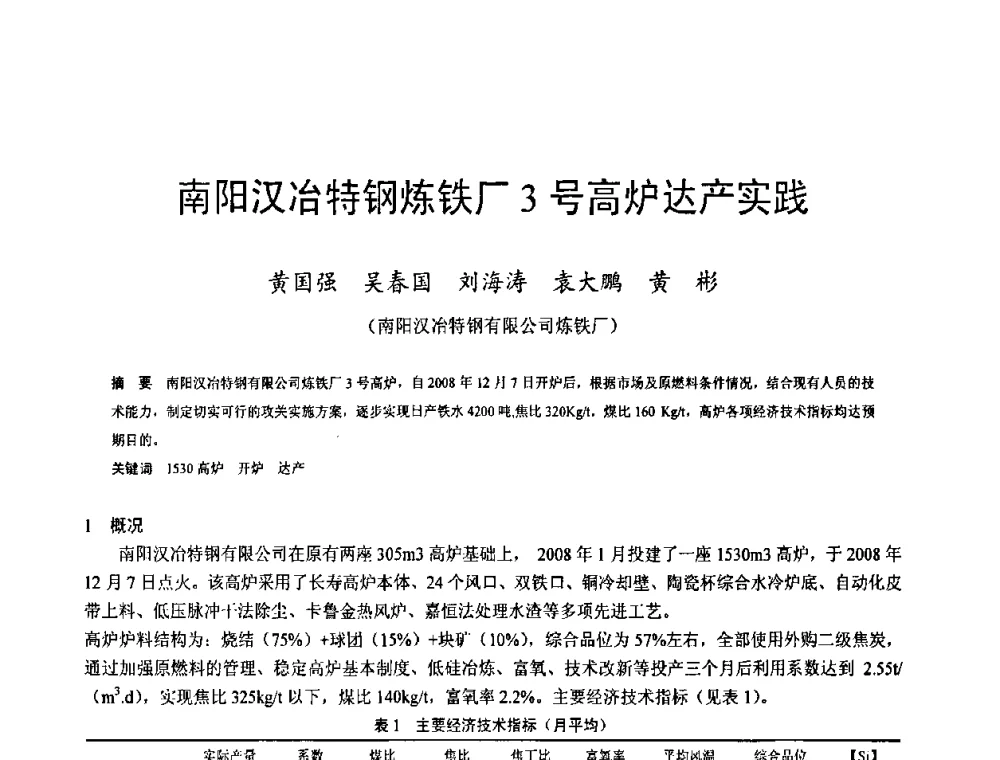 南阳汉冶特钢炼铁厂3号高炉达产实践 - 2009年中小高炉炼铁学术年会