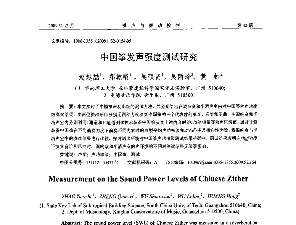 中国筝发声强度测试研究 - 2009全国环境声学学术会议