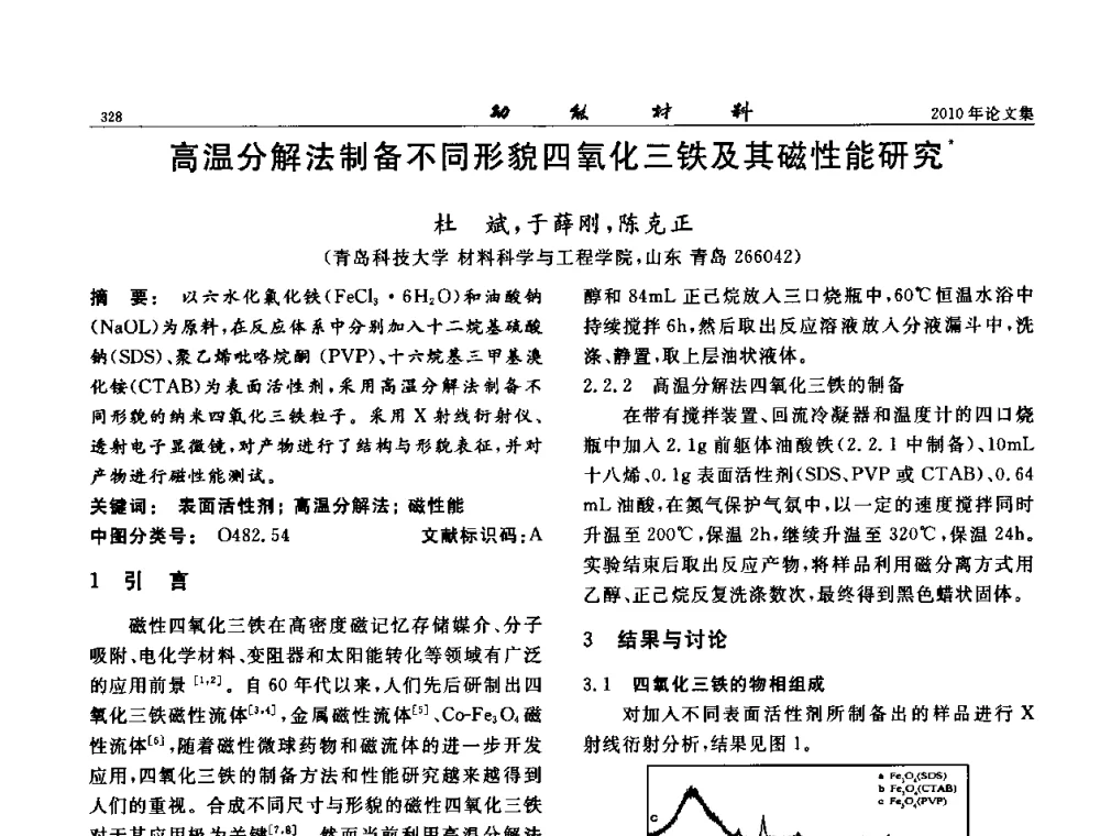 高温分解法制备不同形貌四氧化三铁及其磁性能研究 - 第七届中国功能材料及其应用学术会议