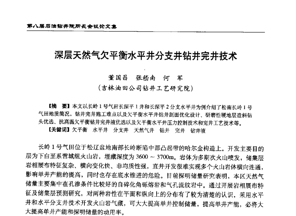 深层天然气欠平衡水平井分支井钻井完井技术 - 第八届石油钻井院所长会议