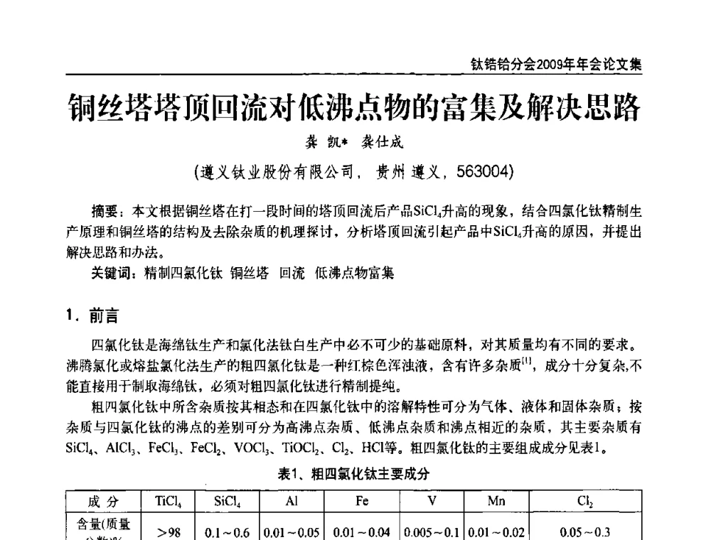 铜丝塔塔顶回流对低沸点物的富集及解决思路 - 中国有色金属工业协会钛锆铪分会2009年年会