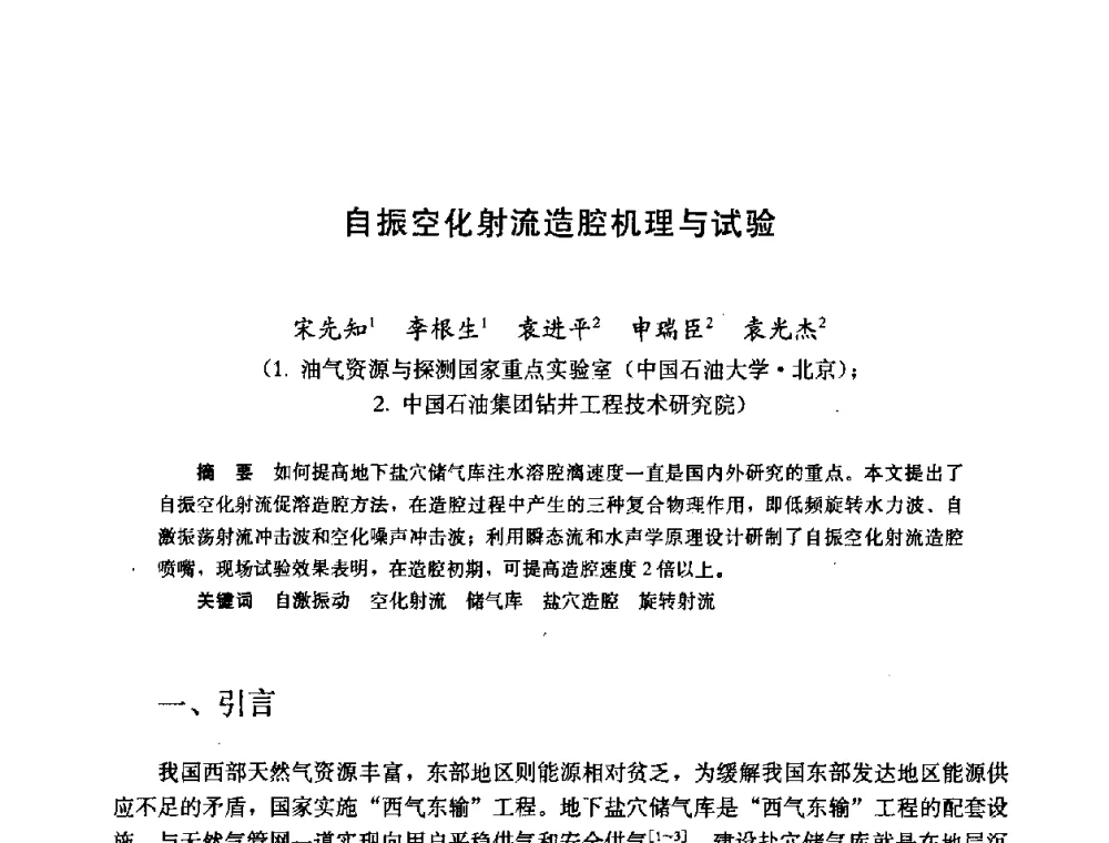 自振空化射流造腔机理与试验 - 2008年中国石油学会地下储气(油)库工程技术国际研讨会