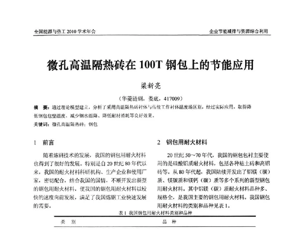微孔高温隔热砖在100T钢包上的节能应用 - 2010年全国能源与热工学术年会
