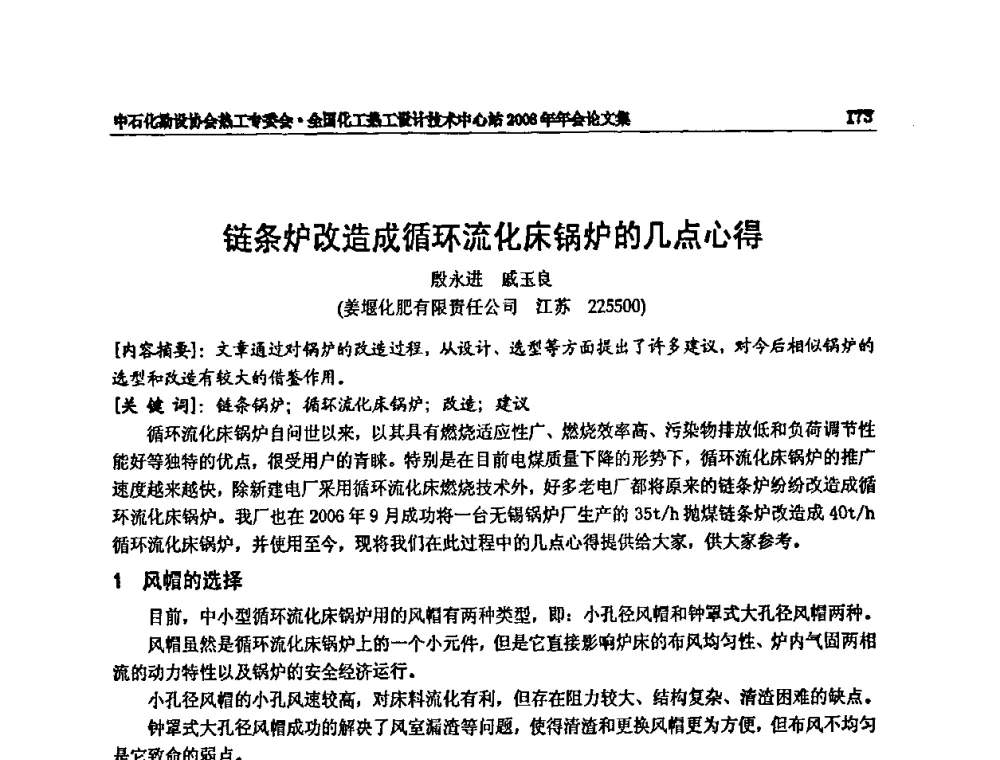 链条炉改造成循环流化床锅炉的几点心得 - 2008年全国热工节能减排技术交流会