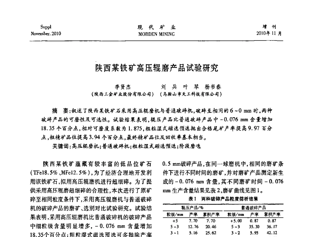 陕西某铁矿高压辊磨产品试验研究 - 2010年中国矿业科技创新与应用技术高峰论坛