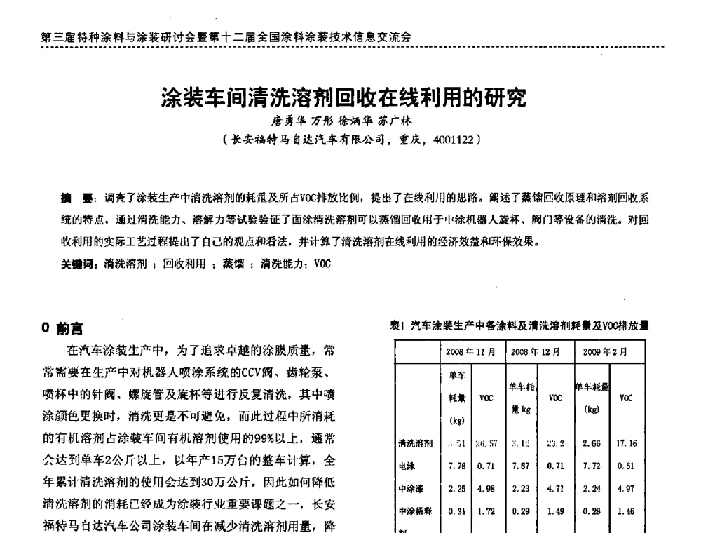 涂装车间清洗溶剂回收在线利用的研究 - 第三届特种涂料与涂装研讨会暨第十二届全国涂料涂装技术信息交流会