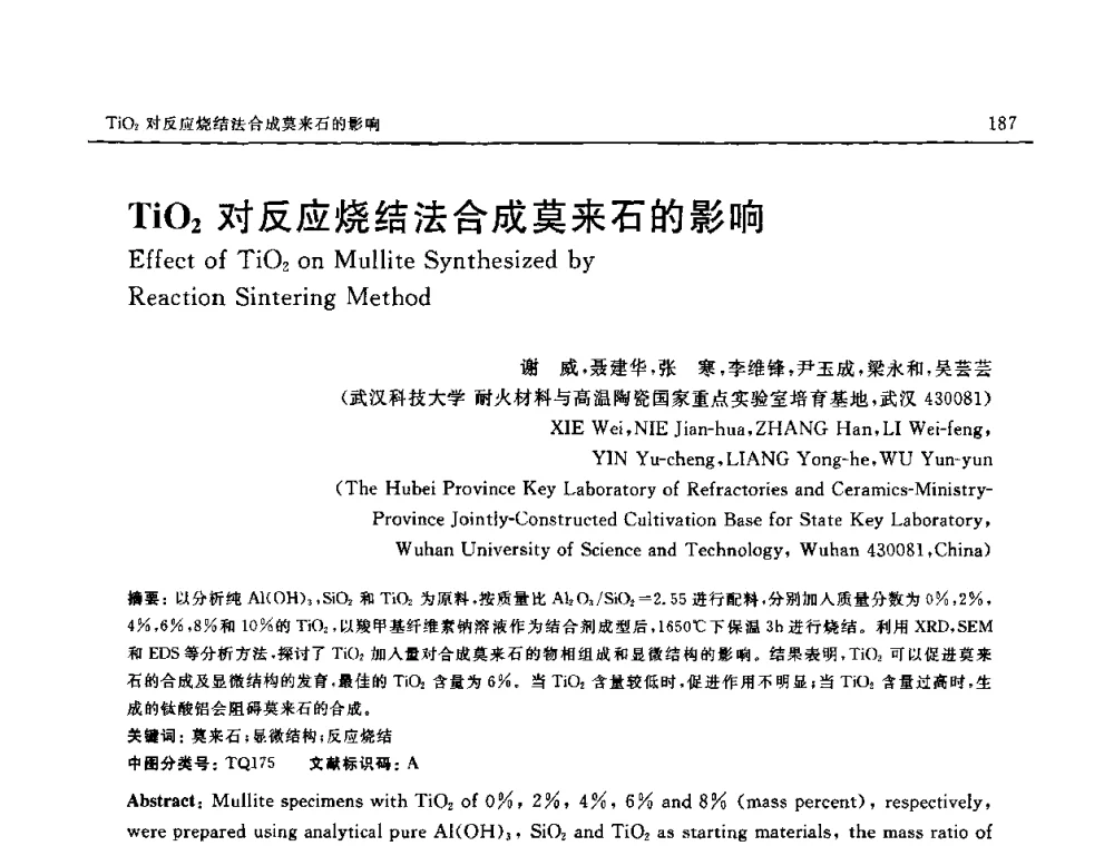 TiO2对反应烧结法合成莫来石的影响 - 第十六届全国高技术陶瓷学术年会暨景德镇高技术陶瓷高层论坛