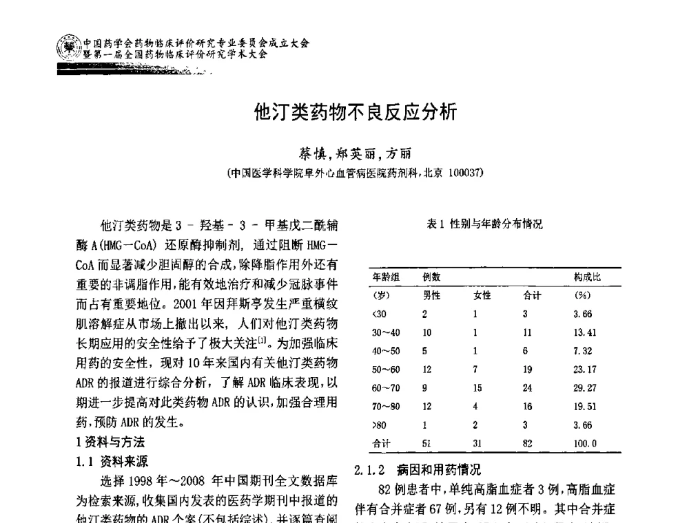 他汀类药物不良反应分析 - 中国药学会药物临床评价研究专业委员会成立大会暨第一届全国药物临床评价研究学术大会