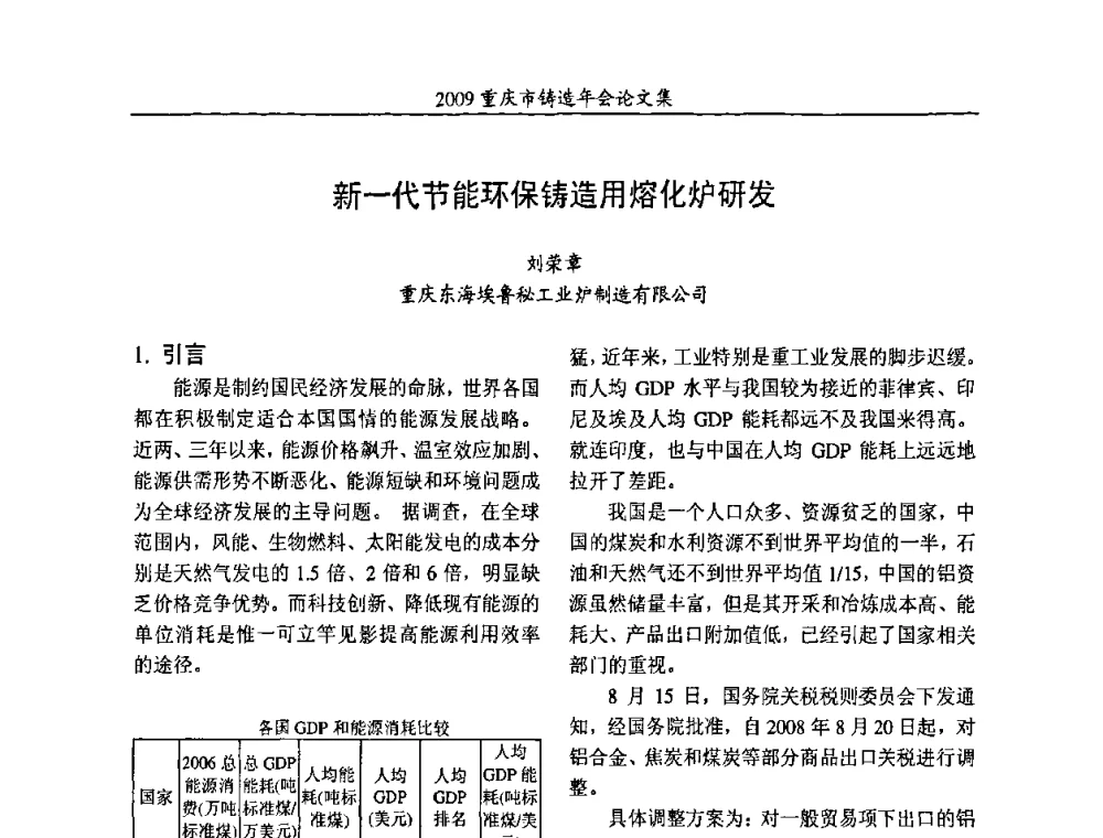 新一代节能环保铸造用熔化炉研发 - 2009重庆市铸造年会