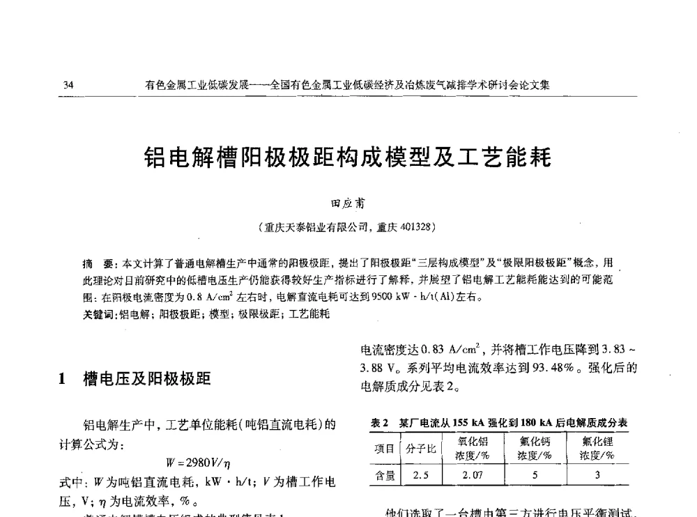 铝电解槽阳极极距构成模型及工艺能耗 - 全国有色金属工业低碳经济及冶炼废气减排学术研讨会