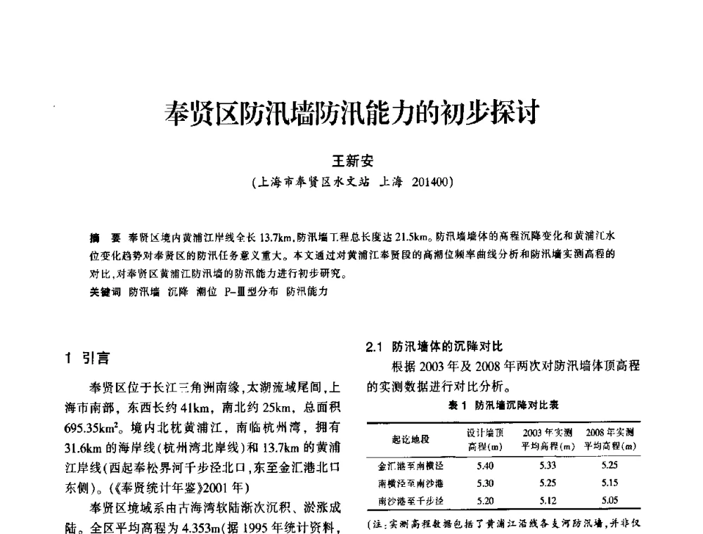 奉贤区防汛墙防汛能力的初步探讨 - 上海市水利学会2009年学术年会