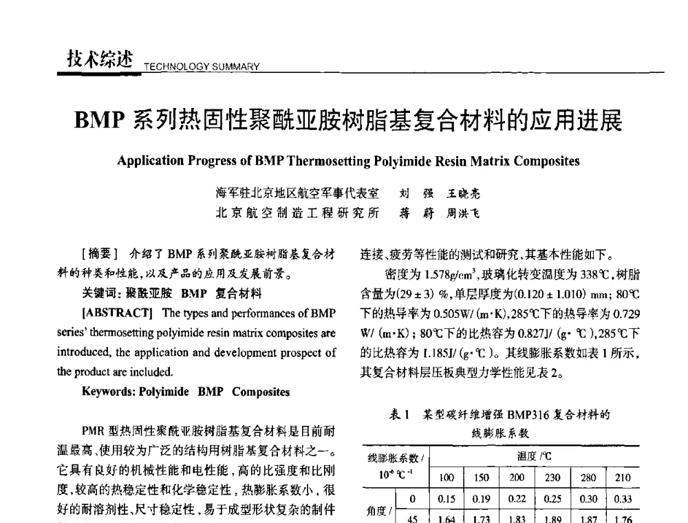 BMP系列热固性聚酰亚胺树脂基复合材料的应用进展 - 高性能复合材料结构制造与检测技术暨第五届全国复合材料性能测试与检测技术交流会