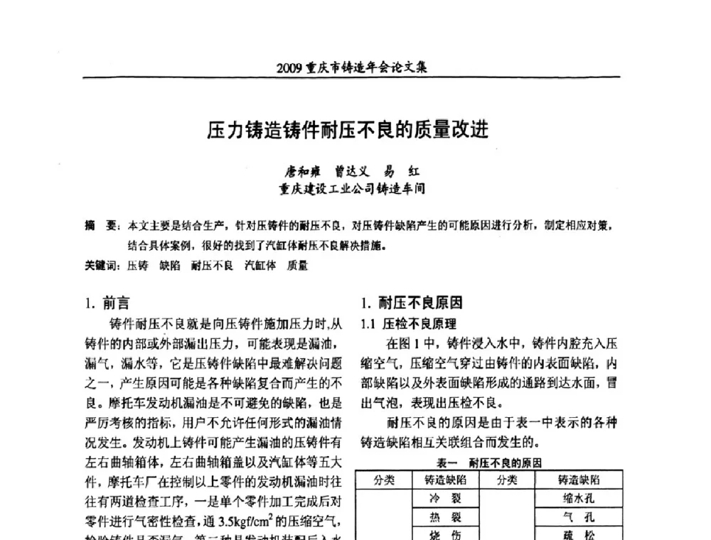 压力铸造铸件耐压不良的质量改进 - 2009重庆市铸造年会