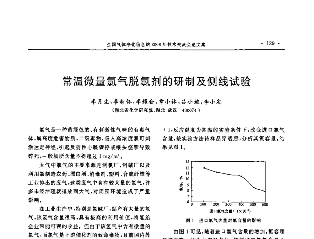 常温微量氯气脱氯剂的研制及侧线试验 - 2008年全国气体净化技术交流会