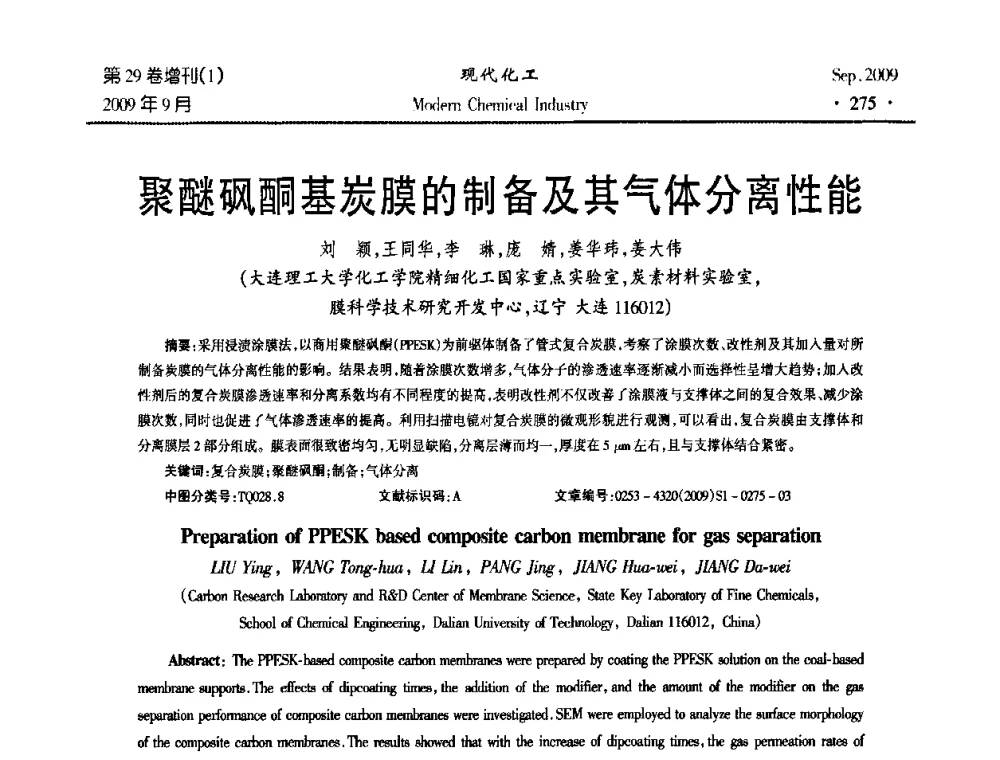 聚醚砜酮基炭膜的制备及其气体分离性能 - 第十届全国化学工艺学术年会